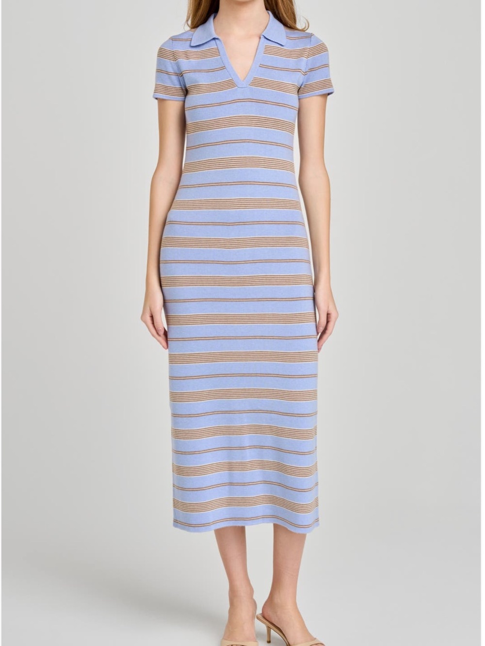 Wayf Striped Polo Midi Dress in Light Blue and Beige